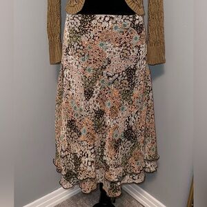 Briggs New York - Brown Floral Double Hem Midi Skirt - Sz XL